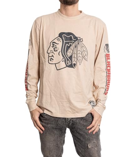 Calhoun NHL Surf & Skate Herren Acid Wash Distressed Logo Langarm Vintage Style Shirt, Chicago Blackhawks, XL von CALHOUN