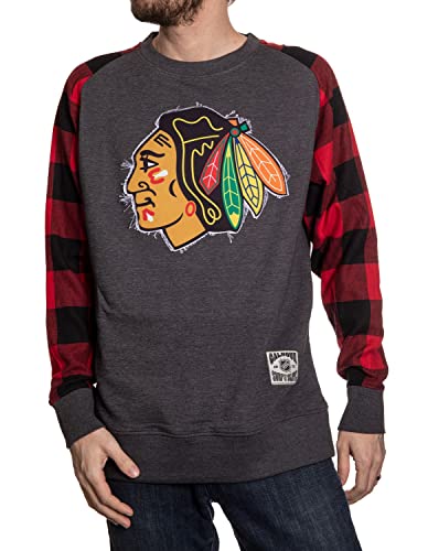 Calhoun NHL Surf & Skate Herren Buffalo Plaid Raglan mit aufgenähtem ausgefranstem Patch - The Lakeside Collection, Chicago Blackhawks, Groß von CALHOUN