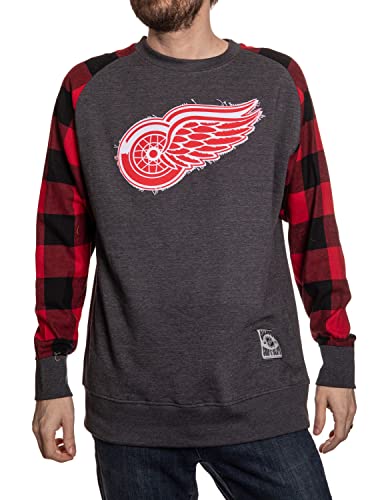 Calhoun NHL Surf & Skate Herren Buffalo Plaid Raglan mit aufgenähtem ausgefranstem Patch - The Lakeside Collection, Detroit Red Wings, Groß von CALHOUN