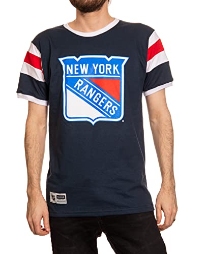 Calhoun NHL Surf & Skate Herren T-Shirt mit Schulterstreifen, Varsity eingesetzte Ärmel, Retro-Stil, The Coastal Collection, New York Islanders, Mittel von CALHOUN