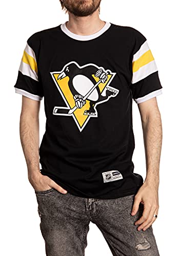 Calhoun NHL Surf & Skate Herren T-Shirt mit Schulterstreifen, Varsity eingesetzte Ärmel, Retro-Stil, The Coastal Collection, Pittsburgh Pinguine, L von CALHOUN