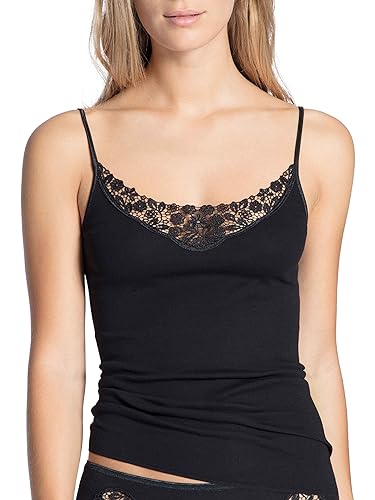 CALIDA Damen Unterhemd Feminin Sense, schwarz, Spaghetti-Top aus 100% Baumwolle, Rundhals mit blumigen Spitzendekolette, Größe: 36/38 von CALIDA