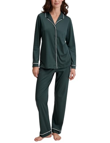 CALIDA Night Lovers Pyjama, durchgeknöpft Damen, aus 100% PIMA-Baumwolle, mit stoffbezogenem Gummibund von CALIDA