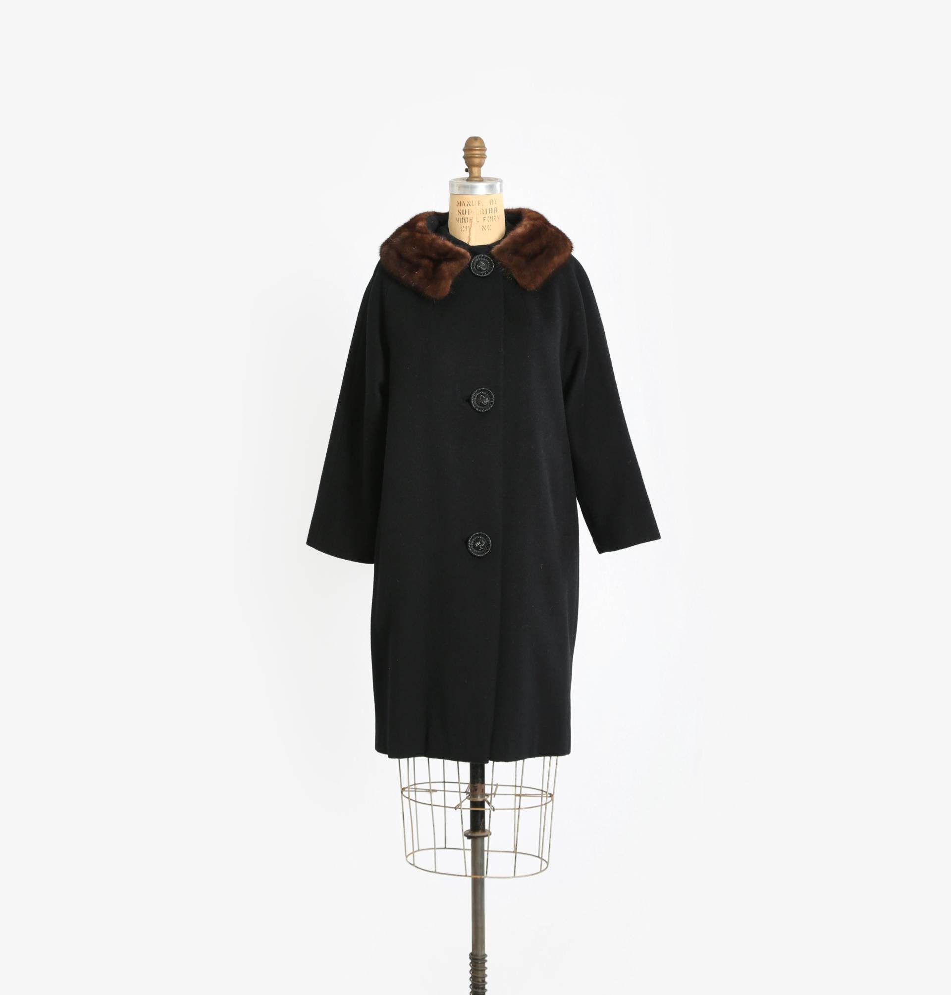 50Er Jahre Schwarz Wolle Braun Nerz Pelz Kragen Swing Mantel von CALIVINTAGEUSA