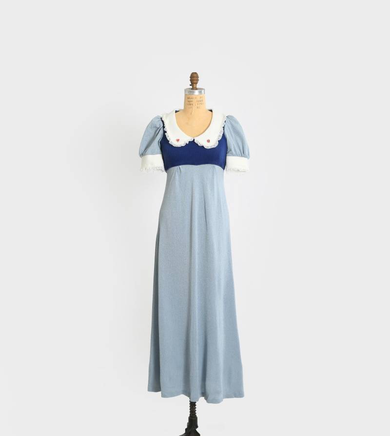 70Er Jahre Blaues Bubikragen Maxi-Kleid von CALIVINTAGEUSA
