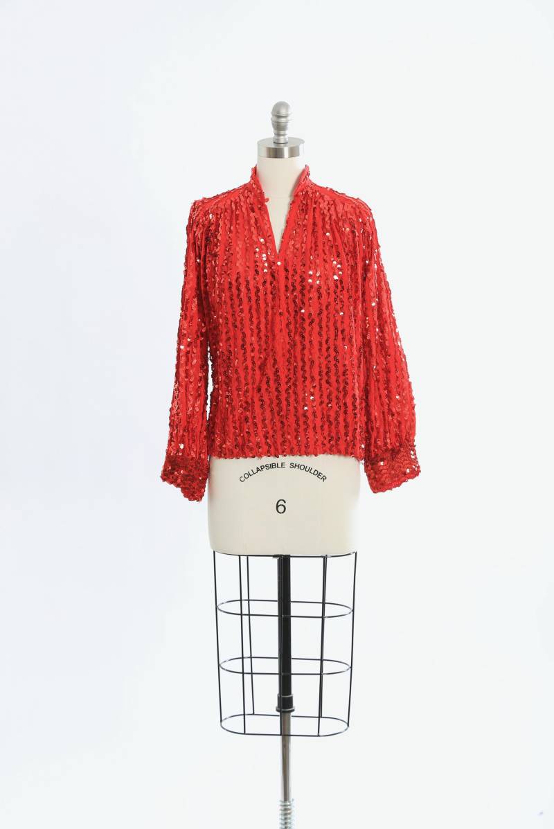 70Er Jahre Rote Ann Green Sequin Bluse Made in England von CALIVINTAGEUSA