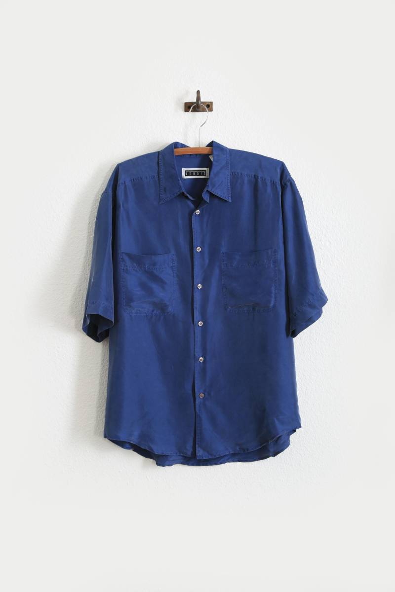 90Er Jahre Blaue Seidenbluse von CALIVINTAGEUSA