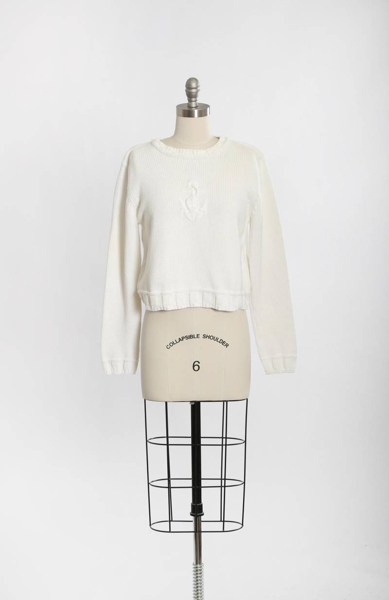 90Er Jahre Maritimer Weißer Baumwollstrickpullover von CALIVINTAGEUSA