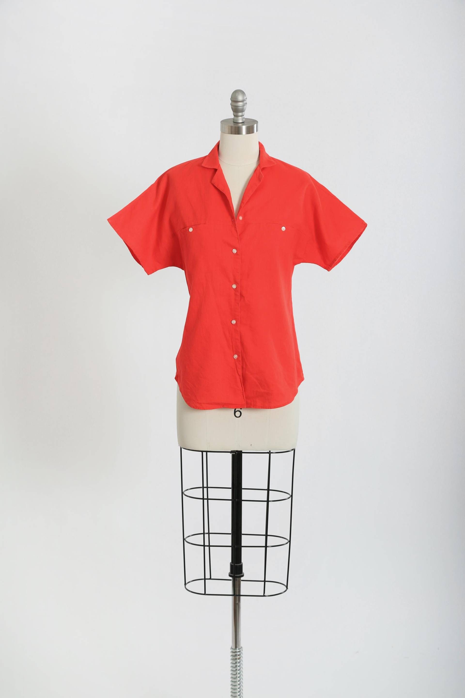 90Er Jahre Rote Leinen Bluse von CALIVINTAGEUSA