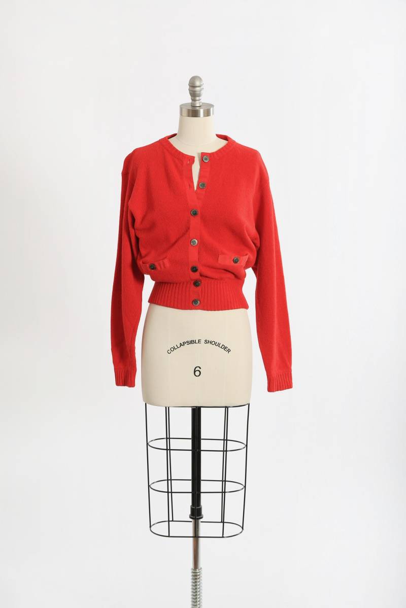 90Er Jahre Roter Lammswolle Strickpullover Cardigan von CALIVINTAGEUSA