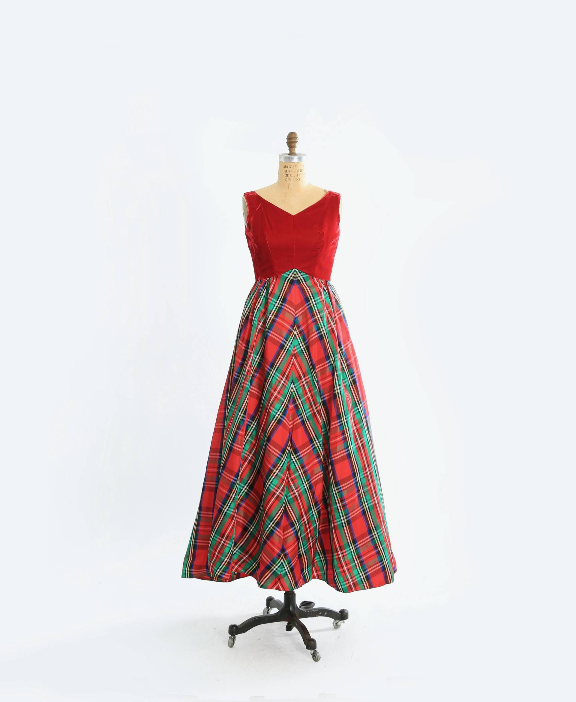 Emma Domb Kariertes Kleid | Vintage 60Er Jahre Rotes Samt Grün Satin von CALIVINTAGEUSA