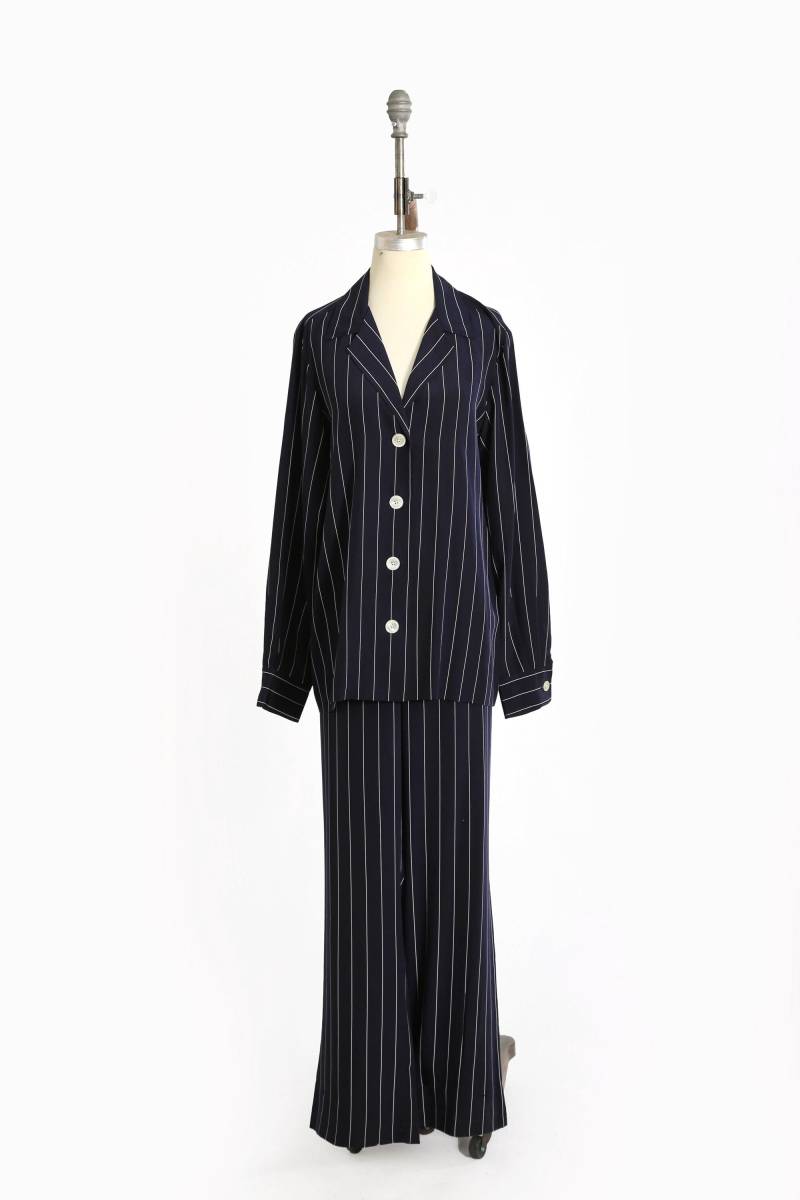 Ralph Lauren Seidenset | Vintage Marineblau Nadelstreifen Seide 2 Stück Bluse + Hose von CALIVINTAGEUSA