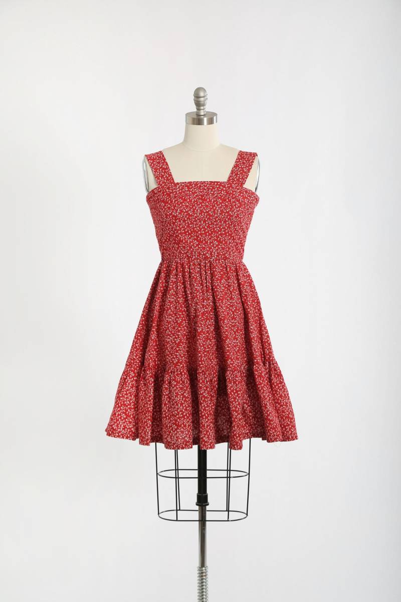 Vintage 70Er Jahre Rot + Weiß Geblümtes Baumwollkleid von CALIVINTAGEUSA