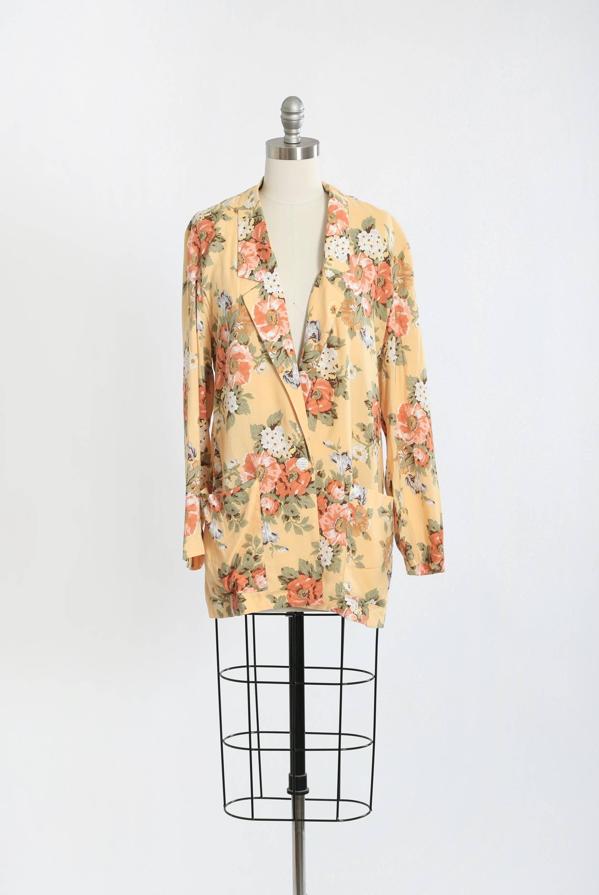 Vintage 90Er Jahre Oversized Gelber Floraler Viskose Blazer von CALIVINTAGEUSA