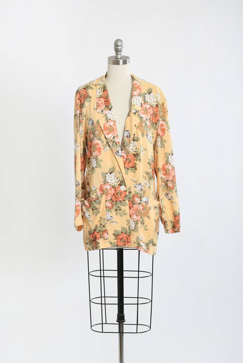 Vintage 90Er Jahre Oversized Gelber Floraler Viskose Blazer von CALIVINTAGEUSA