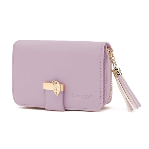 CALIYO Geldbeutel Damen aus glattem und weichem Synthetisches Leder, Geldbörse Damen klein und im Kurzformat, Portemonnaie mit Druckknopf und Reißverschluss und viele Fächer (Helllila). von CALIYO