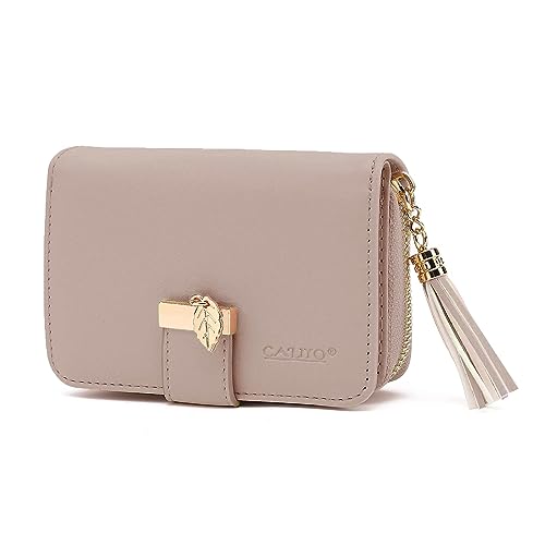 CALIYO Geldbeutel Damen aus glattem und weichem Synthetisches Leder, Geldbörse Damen klein und im Kurzformat, Portemonnaie mit Druckknopf und Reißverschluss und viele Fächer (Altrosa) von CALIYO