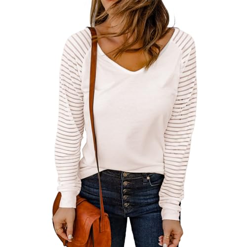 CALIYO Damen Elegant, Blusen mit V-Ausschnitt, Longbluse, Outfit Damen Elegant, Weiß, L von CALIYO
