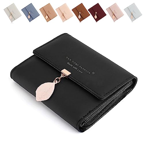 CALIYO Geldbeutel Damen aus Glattem und Weichem Synthetisches Leder Geldbörse klein Kurzformat Portemonnaie Farben mit vielen Fächern（Schwarz） von CALIYO