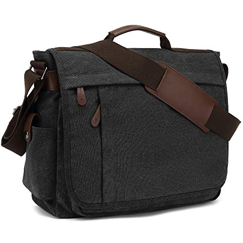 Umhängetaschen Herren aus Canvas Schultasche Queformat A4 Laptoptasche für 15,6 Zoll Laptop Arbeitstasche Aktentasche von CALIYO