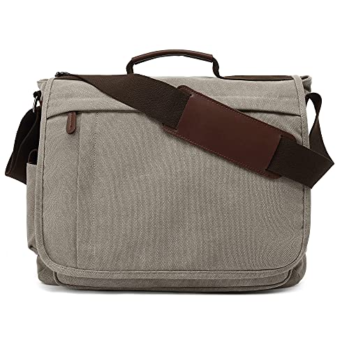 Umhängetaschen Herren aus Canvas Schultasche Queformat A4 Laptoptasche für 15,6 Zoll Laptop Arbeitstasche groß (Grau.A) von CALIYO