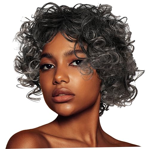 Afro Lockige Kurzperücke für Damen Schwarze Graue Mischfarbe Synthetisches Haar für Cosplay Partys und Halloween Handgefertigt Bequem und Waschbar von CALLARON