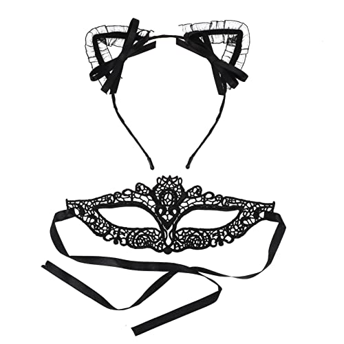 CALLARON 1 Satz Katzenohr Haarreifen und Schwarzer Spitzenmaske Tierkostüm Accessoires für Karneval Partys und Festivalevents Langlebig und Praktisch für Fröhliche Feiern von CALLARON
