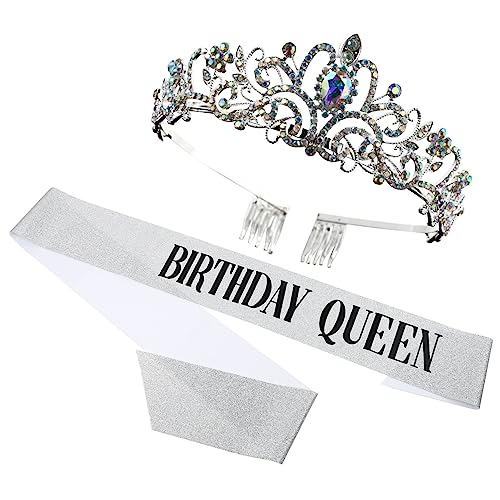 CALLARON 1 Satz Kronenband-Set Strass-Kronen weibliche Partyschärpe Schulterriemen alles gute zum geburtstag Kleinkind Geburtstagsschärpe Schärpe und Kronenset Tuch Silber von CALLARON