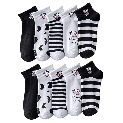 CALLARON 10 Paar Schwarze Und Weiße Kuhsocken - Cartoon-Kuh-Print, Baumwollsocken Kurz - Geschenke Zum Thema Kuh, Lustige Socken Damen Baumwolle Gewöhnliche von CALLARON