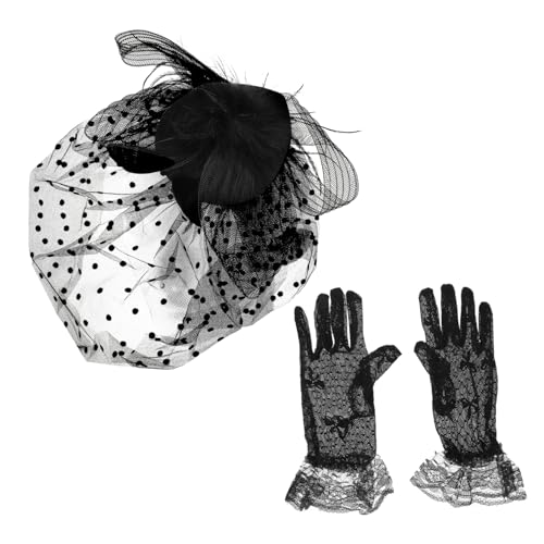 CALLARON 1Satz Damen Fascinator Set mit Netzschleier und Spitzenhandschuhen Haaraccessoire für Tanz und Teepartys Teiliges Set Schwarzer Hut von CALLARON