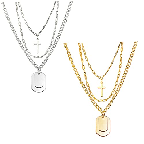 CALLARON 2 Sätze Mehrreihige Halskette Teiliges Cross Anhänger Schmuck Gold und Silber Layered Clavicle Chain für Alltag Party von CALLARON