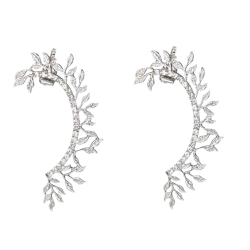 CALLARON 2 Stck Umweltfreundlicher Ohrclip Baumblatt Design mit Strasssteinen Metallisch Silber Einzeln für Frauen Hochzeit Party Schmuck Ohrloch von CALLARON