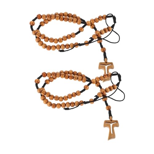 CALLARON 2 Stück Handgefertigte Holzperlen Kreuzkette mit Handgewebtem Design Kratzfestem Holzkreuz Vielseitig als Halskette oder Autoanhänger für Religiöse Anlässe und Alltag Geeignet von CALLARON