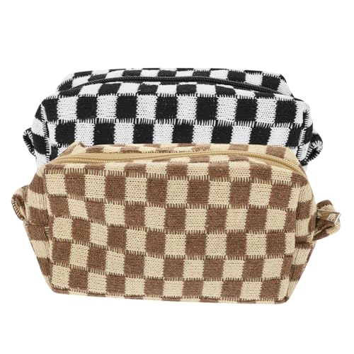 CALLARON 2 Stück Kosmetiktasche Im Schachbrettmuster Kleine Reise-Kosmetiktasche Kariert Schminktasche Mit Kordelzug Reisen -toilettenartikelbeutel Kulturbeutel Frauen Für Kurzer Plüsch von CALLARON