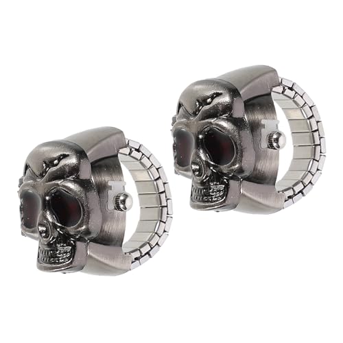 CALLARON 2 Stück Retro Skull Ring Watch mit Flip Deckel Kreative Fingeruhr im Punkstil Modischer Unisex Schmuckring für Halloween und Alltag Praktisches Zeitmesser Accessoire von CALLARON