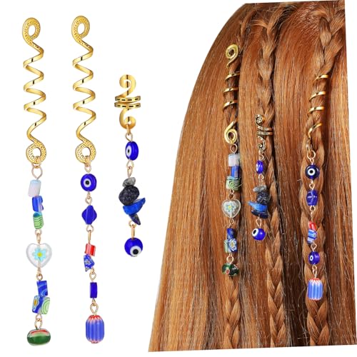 CALLARON 3 Stück Teiliges Haarring Dreadlock Zubehör mit Blaue Katzenaugenstein Haarschmuck für Zöpfe Flechtzubehör und Dreadlock Charms für Stilvolle Frisuren von CALLARON
