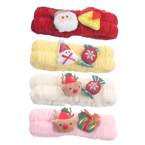 CALLARON 4 Stück Flauschige Elastische Weihnachts Stirnbänder aus Flanell Weiche Haarschmuck Bänder für Gesichtsreinigung Make Up und Spa Niedliche Rentier und Schneemann Motive Rot Gelb von CALLARON