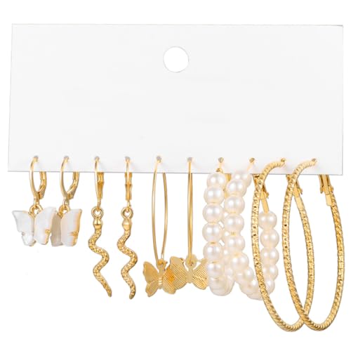 CALLARON 5 Paare Teiliges Damen Ohrring Set Vintage Design mit Schlangen und Schmetterlingsmotiven Perlen Creolen Modischer Schmuck für Alltag Party und von CALLARON