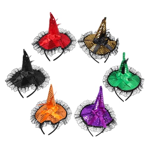 CALLARON 6 Stück Teiliges Halloween Hexenhut Stirnband mit Spitzen und Pailletten Farbenfrohe Cosplay Haarreifen für Damen Bequem Verstellbar Langlebiges Party Accessoire für Halloween und von CALLARON