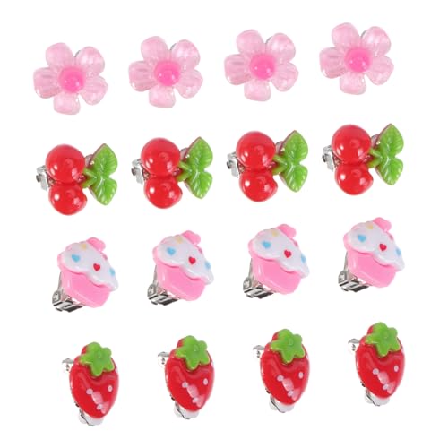 CALLARON 8 Paare Ohrclips Mädchen Ohrclips Piercing Bunte Ohrringe mit Erdbeer Kirsche Blume Eiscreme Motiven Niedlich und Sicher für Schmuck von CALLARON