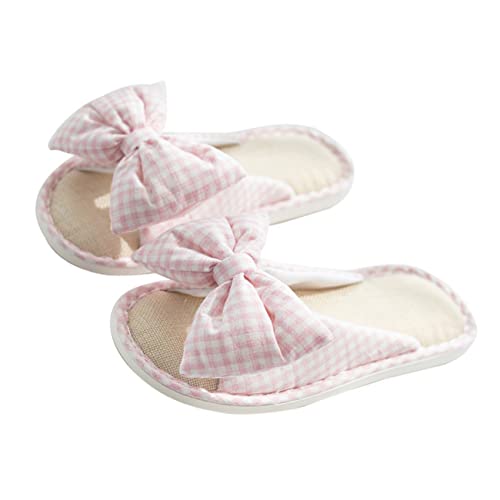 CALLARON Atmungsaktive Peep Toe Slipper Damen Baumwoll Leinen Material Fußbett Komfortable Hausschuhe mit Rutschfester Gummisohle und Niedlichem Schleifen Design für Sommer und Alltag von CALLARON