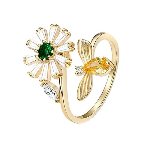 CALLARON Bienen Blumen Ring Für Damen Zarter Öffnungsring Eleganter Drehring Schmuckgeschenk Mit Bienenmotiv Anmutiger Fingerring Aus Hochwertigem Material von CALLARON