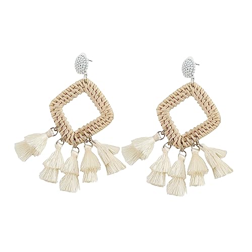 CALLARON Bohemian Stil Ohrhänger Rattan mit Fransen Retro Tassel Ohrringe für Frauen Schmuck für Damen Weiß für Alltag und Besondere Anlässe von CALLARON