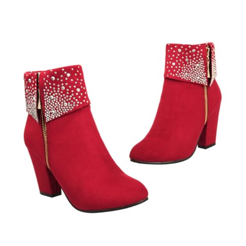 CALLARON Chic Damen Kurzstiefeletten mit Hohem Absatz Rote Herbst winter booties mit Breitem Absatz und Funkelnden Details Stilvolle Hochzeitsschuhe von CALLARON
