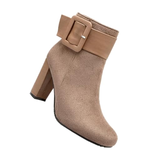 CALLARON Chunky Heel Damen Winterstiefeletten Kurzstiefel mit Absatz Modisch und Warm und Komfortabel für Herbst und Winter Absatzschuhe Apricot von CALLARON
