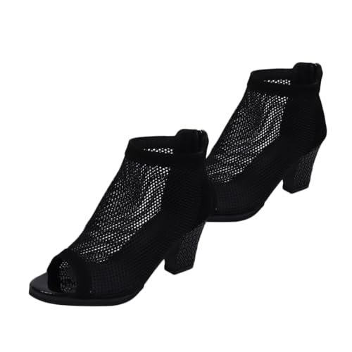 CALLARON Chunky Heel Sandalen Damen Schwarz Hoher Blockabsatz Atmungsaktive Netzoptik Modische Fish Mouth Sandaletten Bequeme High Heels für Alltag und Party von CALLARON