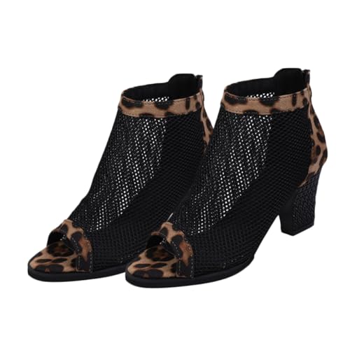 CALLARON Chunky High Heel Sandalen Damen Netzstoff Atmungsaktiv Leopard Muster Großer Blockabsatz Komfortabel Elegant Für Alltag Party von CALLARON