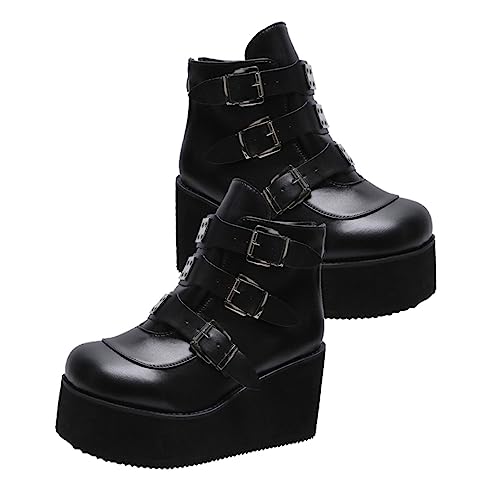 CALLARON Damen Ankle Boots mit Dickem Absatz Runde Zehen PU Komfortable Rutschfeste Gummisohle Kurze Retro Stiefeletten Vielseitig Kombinierbar Schwarz von CALLARON