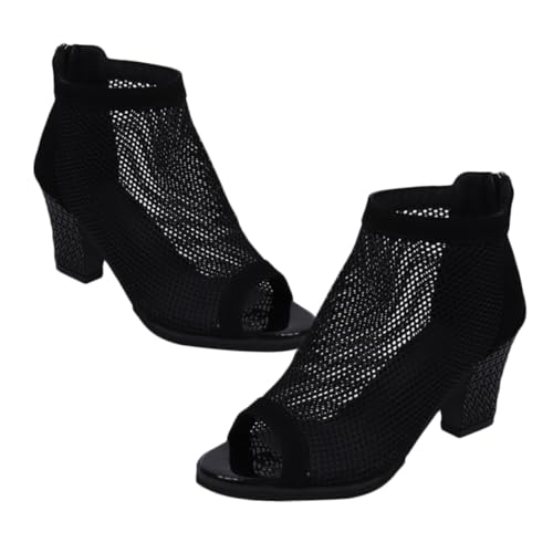 CALLARON Damen High Heels Sandalen Schwarz Netzstoff mit Lochmuster Großer Blockabsatz Offene Zehenpartie Sommer Schuhe Komfortable Modische Pumps für Kleider und Alltag von CALLARON