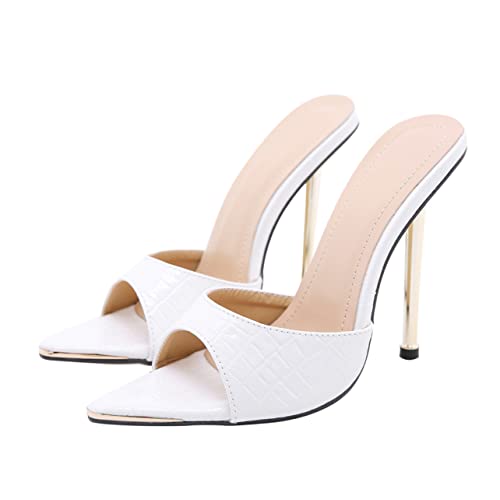 CALLARON Damen High Heels Sandalen Weiß Spitz Zehen Metallspitze Absätze Festliche Party Schuhe von CALLARON